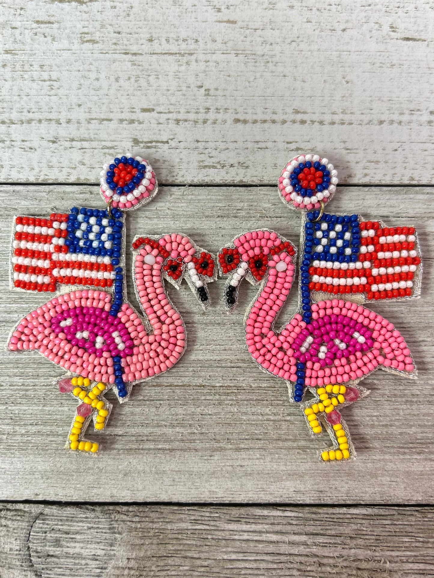 Seed Bead Earrings Patriotic Flamingo
