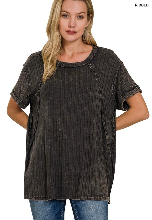Acid Washed Ribbed Boat Neck Top