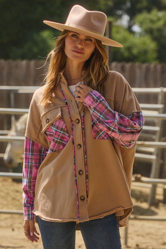 Taupe Plaid Button Down Shacket