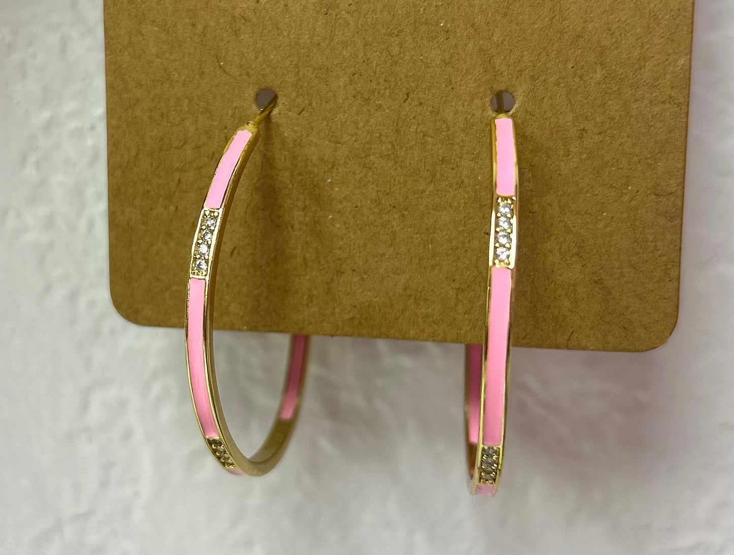 Pink Enamel & Bling Gold Hoops