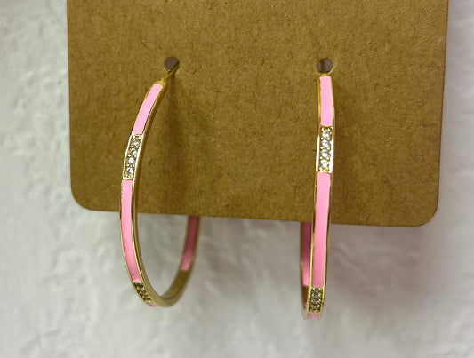 Pink Enamel & Bling Gold Hoops