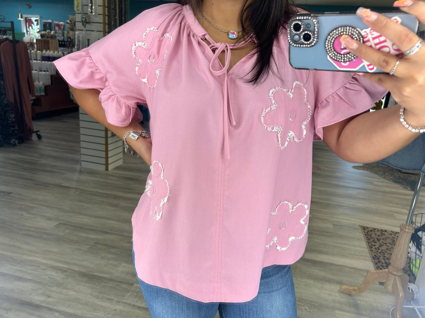 Floral washed Chambray Woven Top