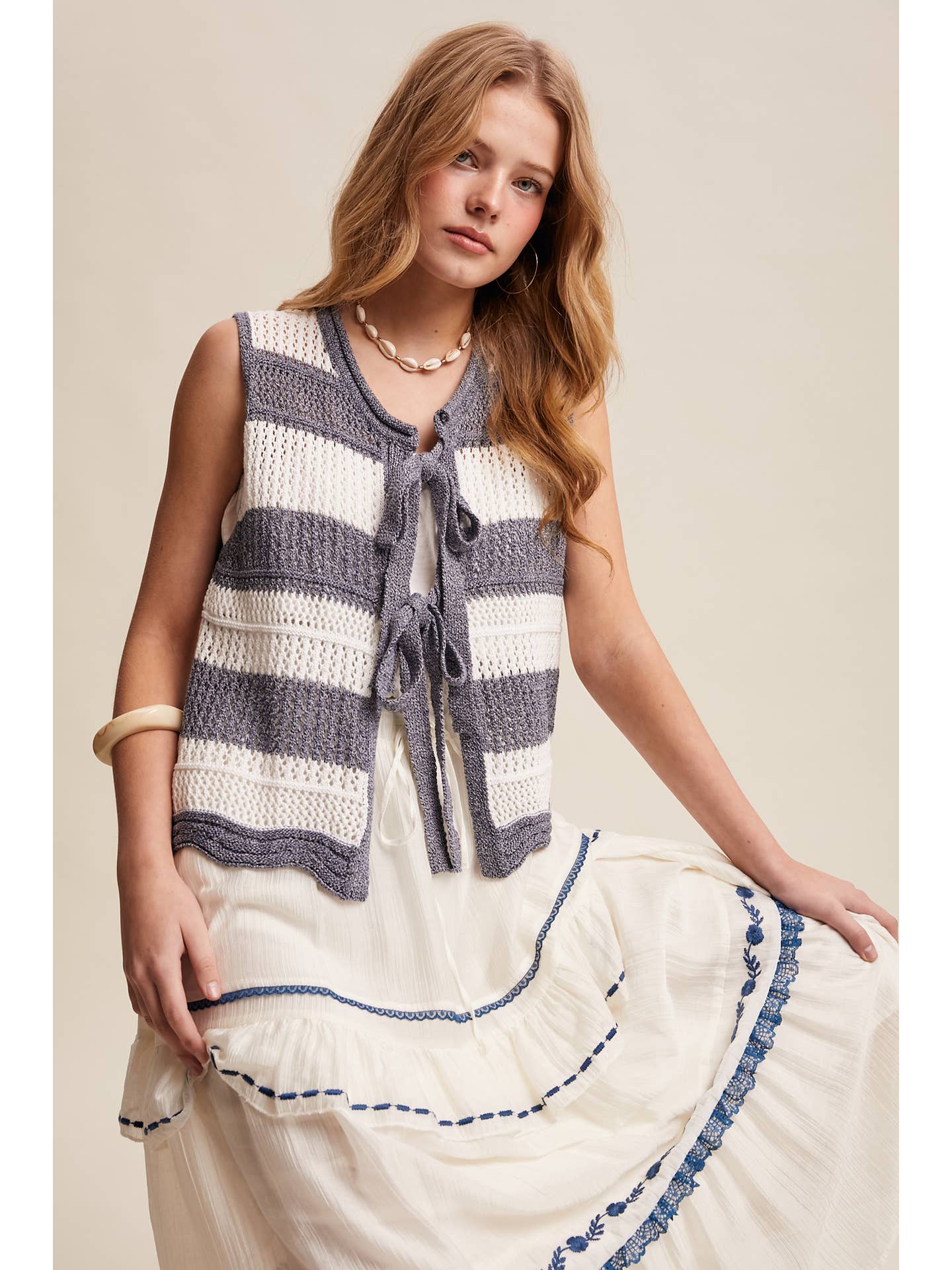 Striped Navy Crotchet Knit Vest