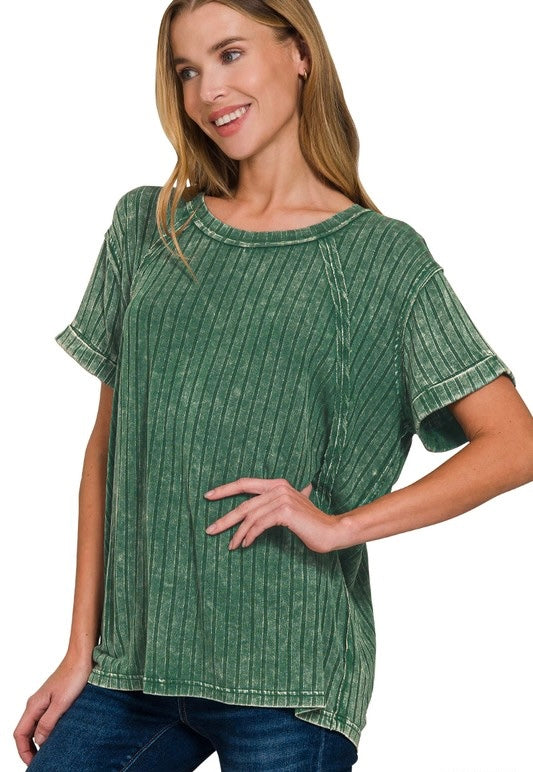 Acid Washed Ribbed Boat Neck Top