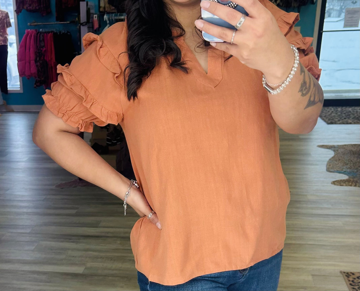 Ruffled Sleeve Linen Blend Top