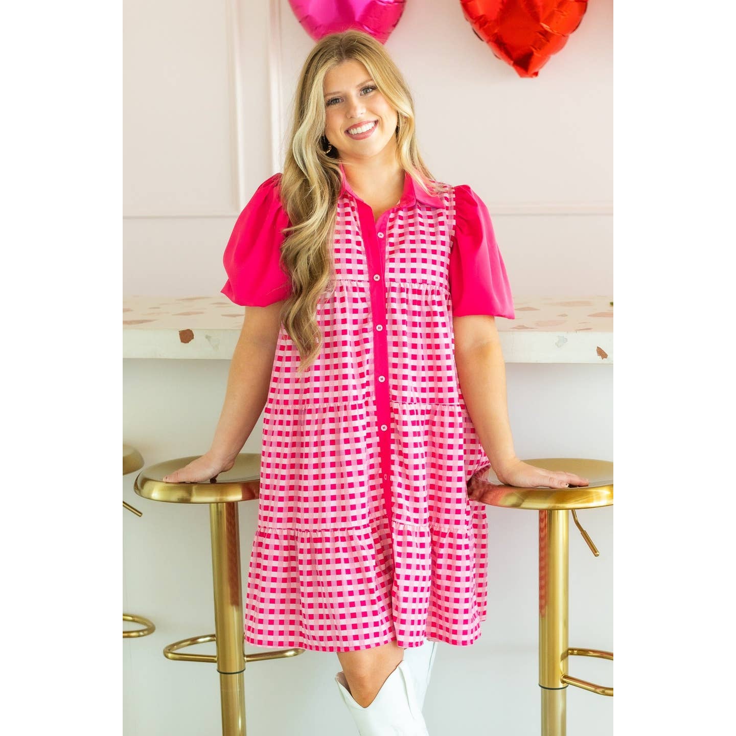 Pink Gingham Button Up Dress