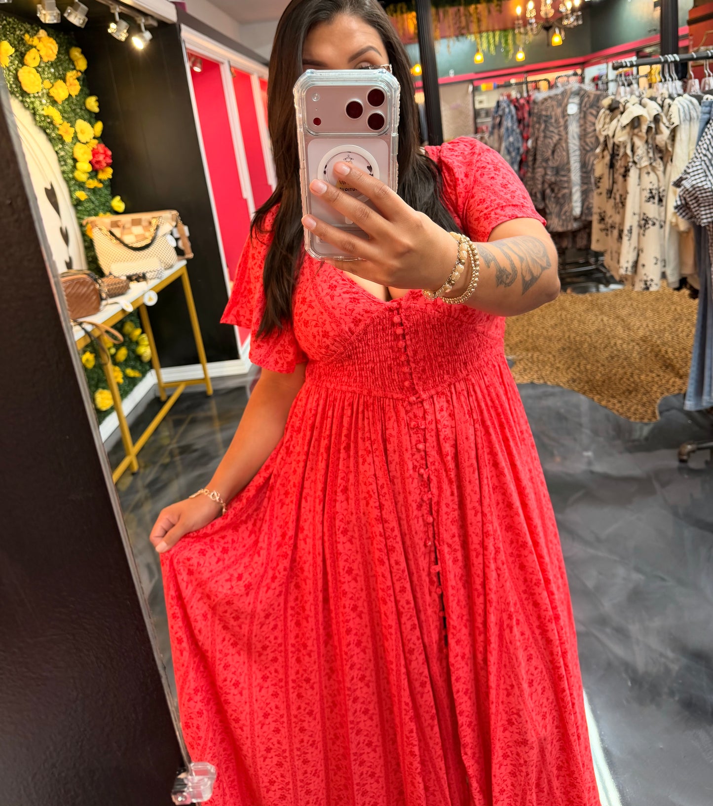 Smocked Waist Button Down Maxi