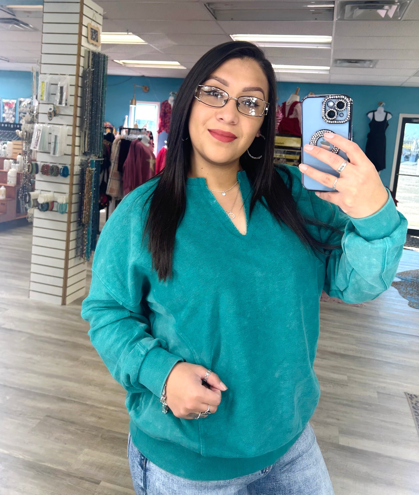Turquoise V neck Sweatshirt