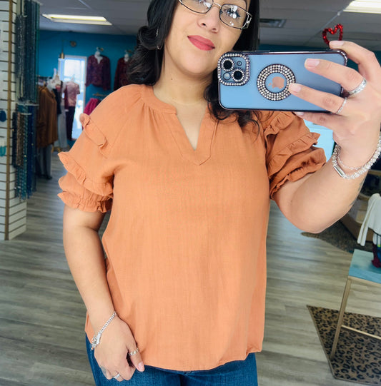 Ruffled Sleeve Linen Blend Top