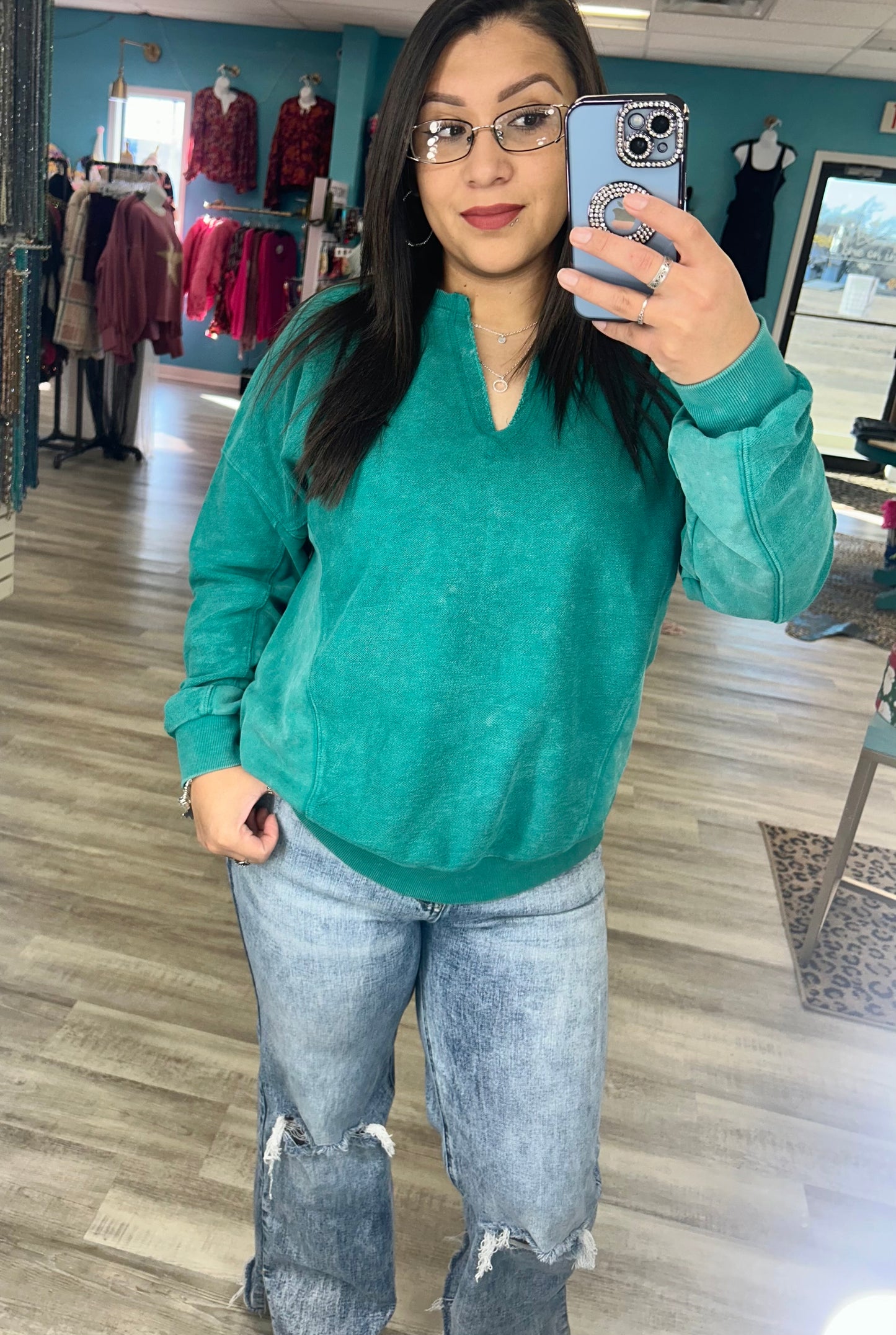 Turquoise V neck Sweatshirt