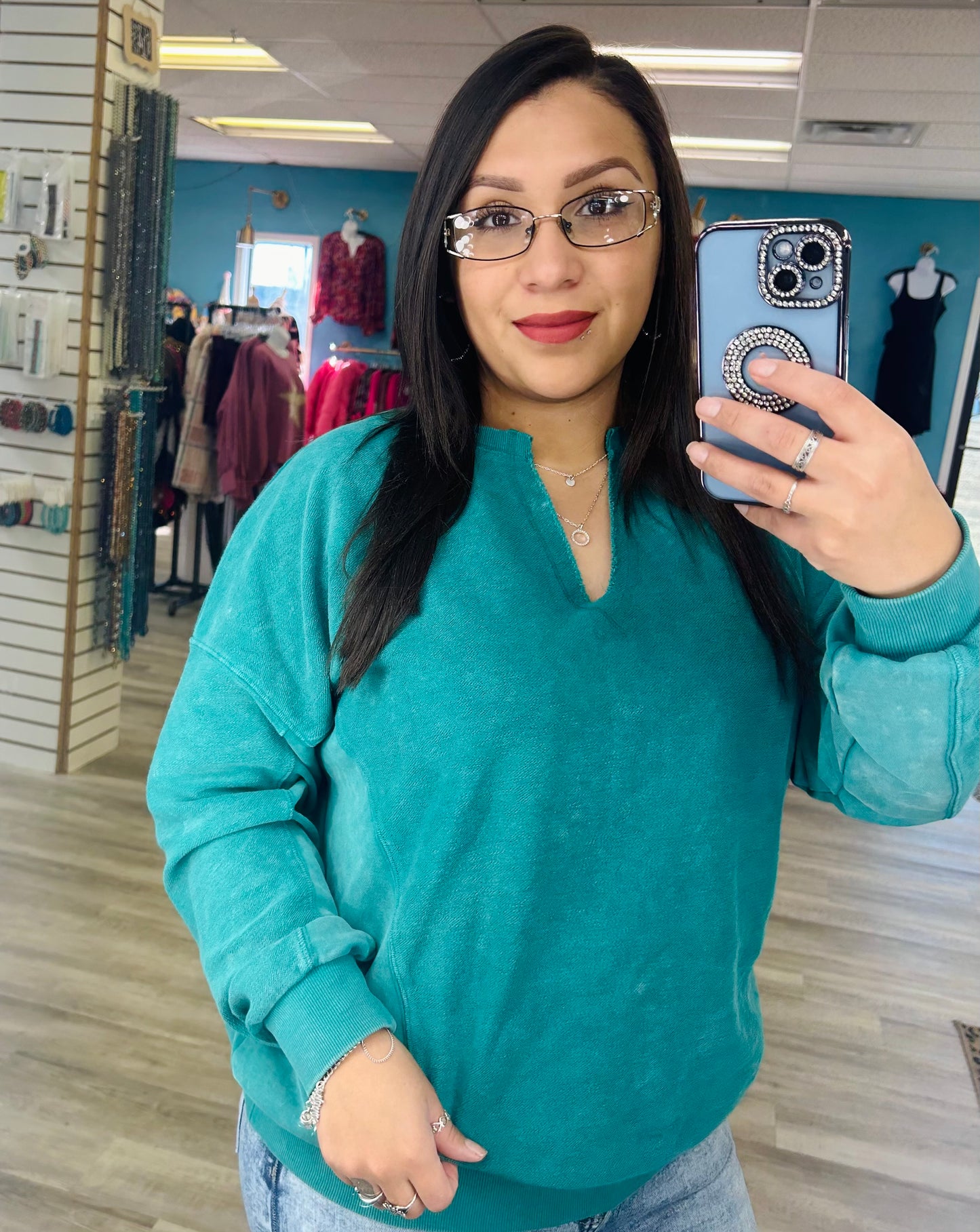 Turquoise V neck Sweatshirt