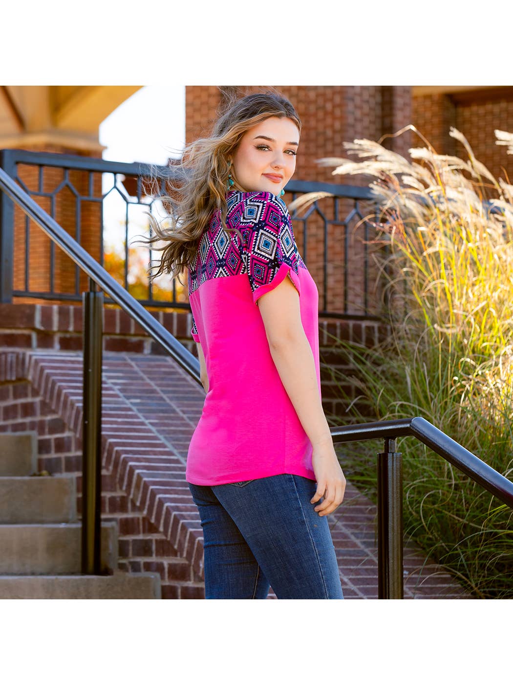 Color Block Geometric Print Top