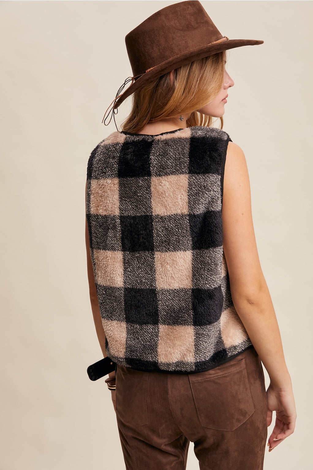 Reversible Checkered Fuzzy Vest