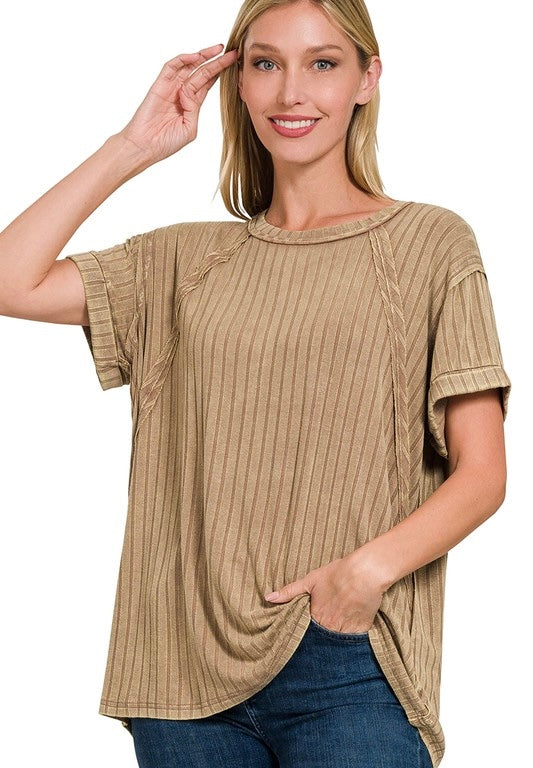 Acid Washed Ribbed Boat Neck Top