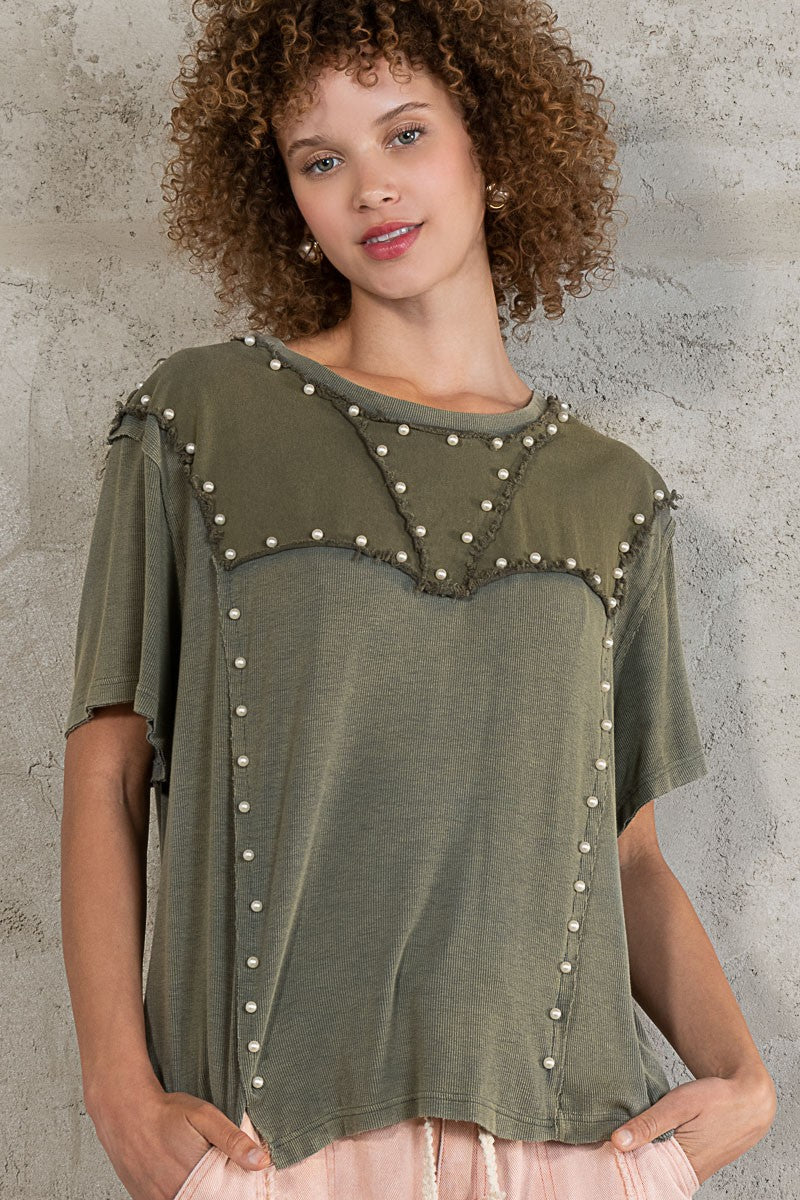 Pearl Detail Ribbed Top