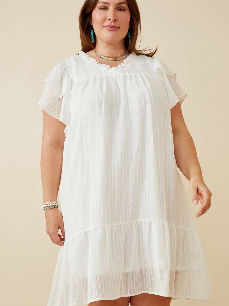 White Striped Ruffle Sleeve Dress