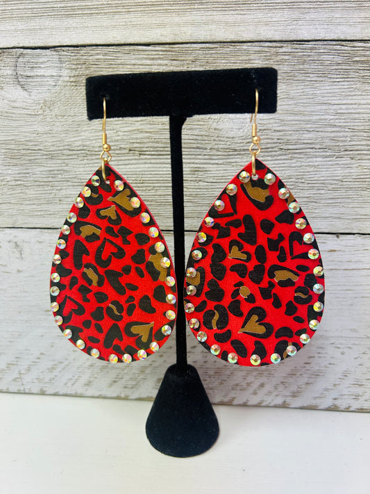 Large Red Leopard Heart Earrings