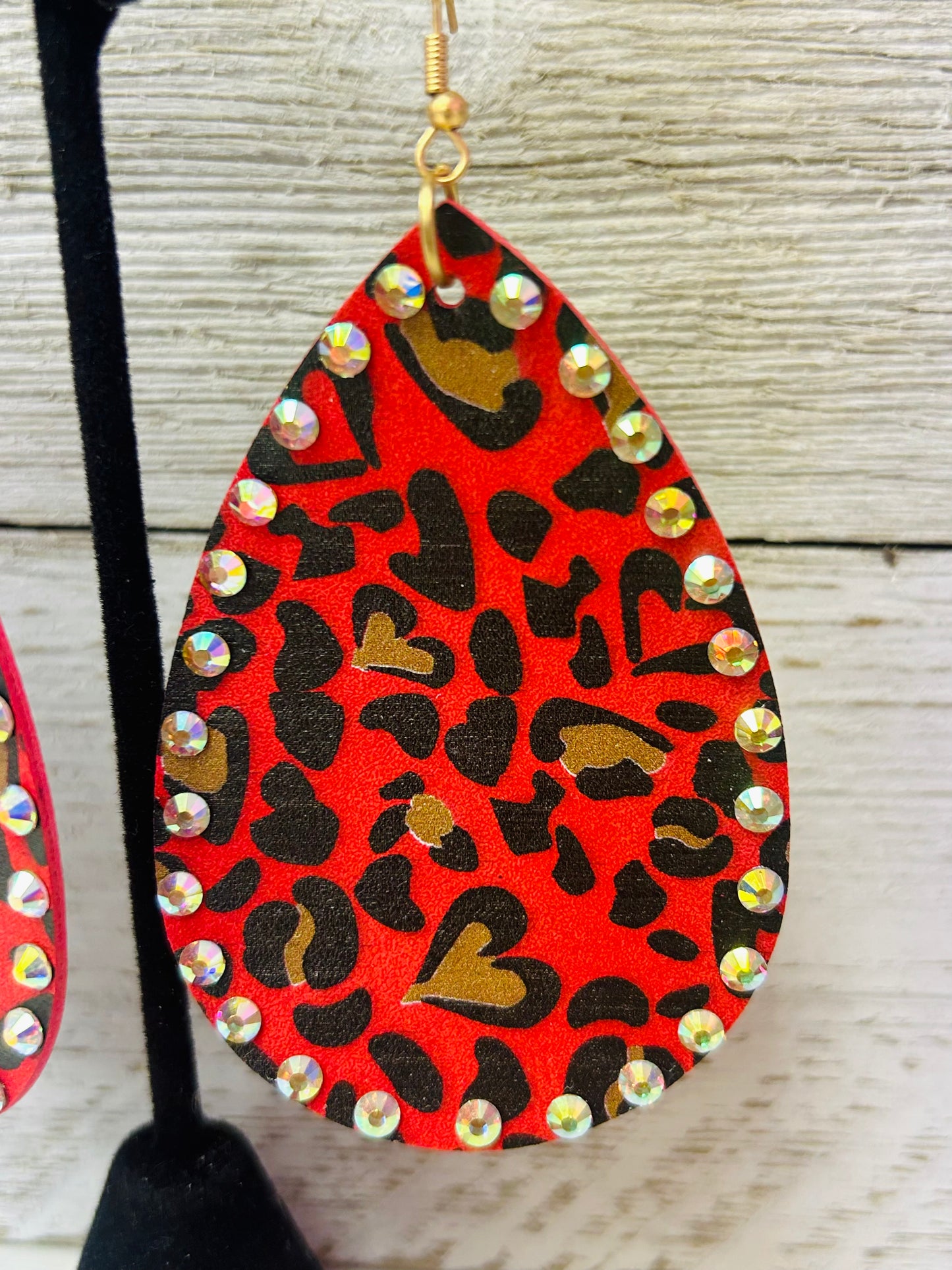 Large Red Leopard Heart Earrings