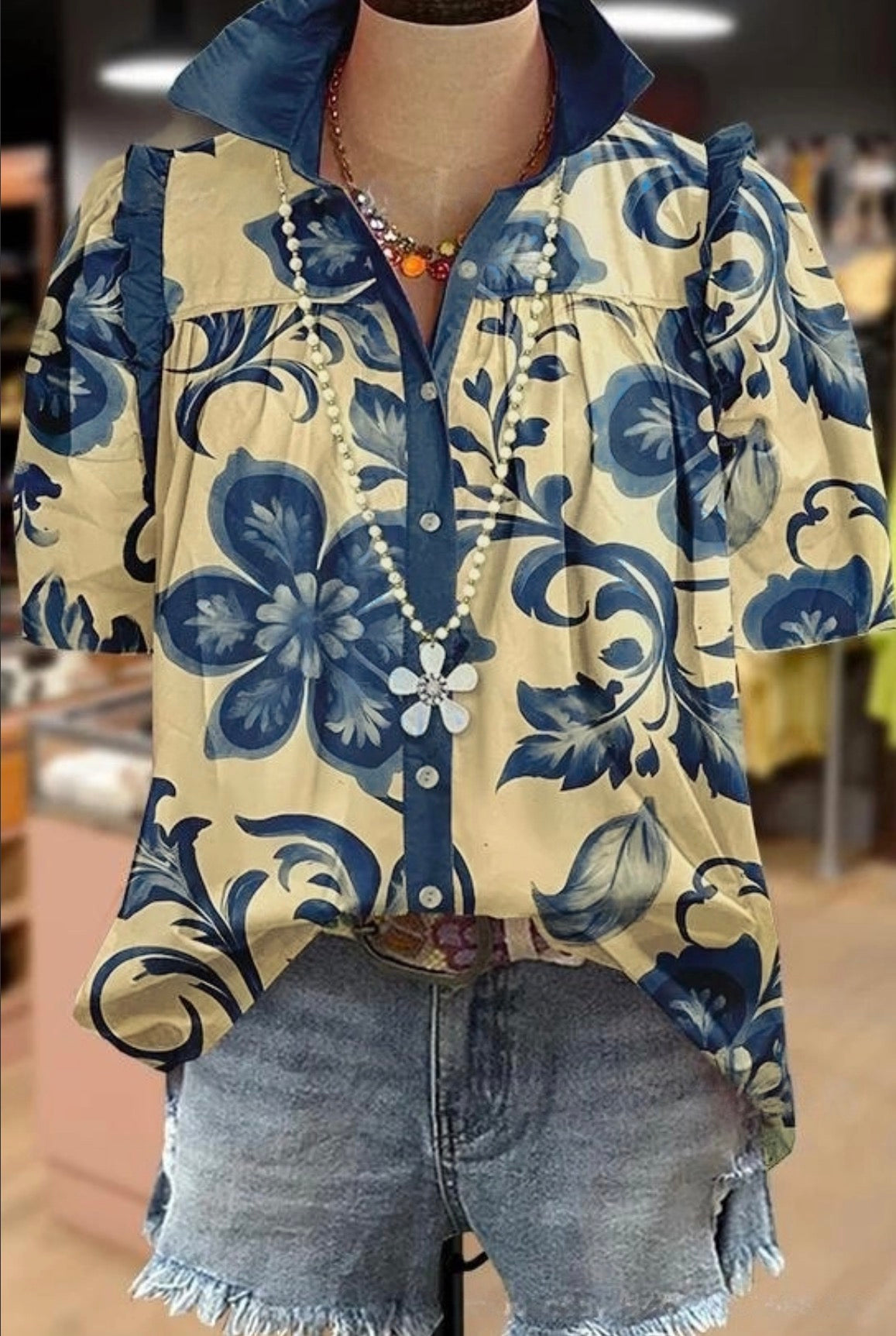 Blue Spring Floral Button Down Top