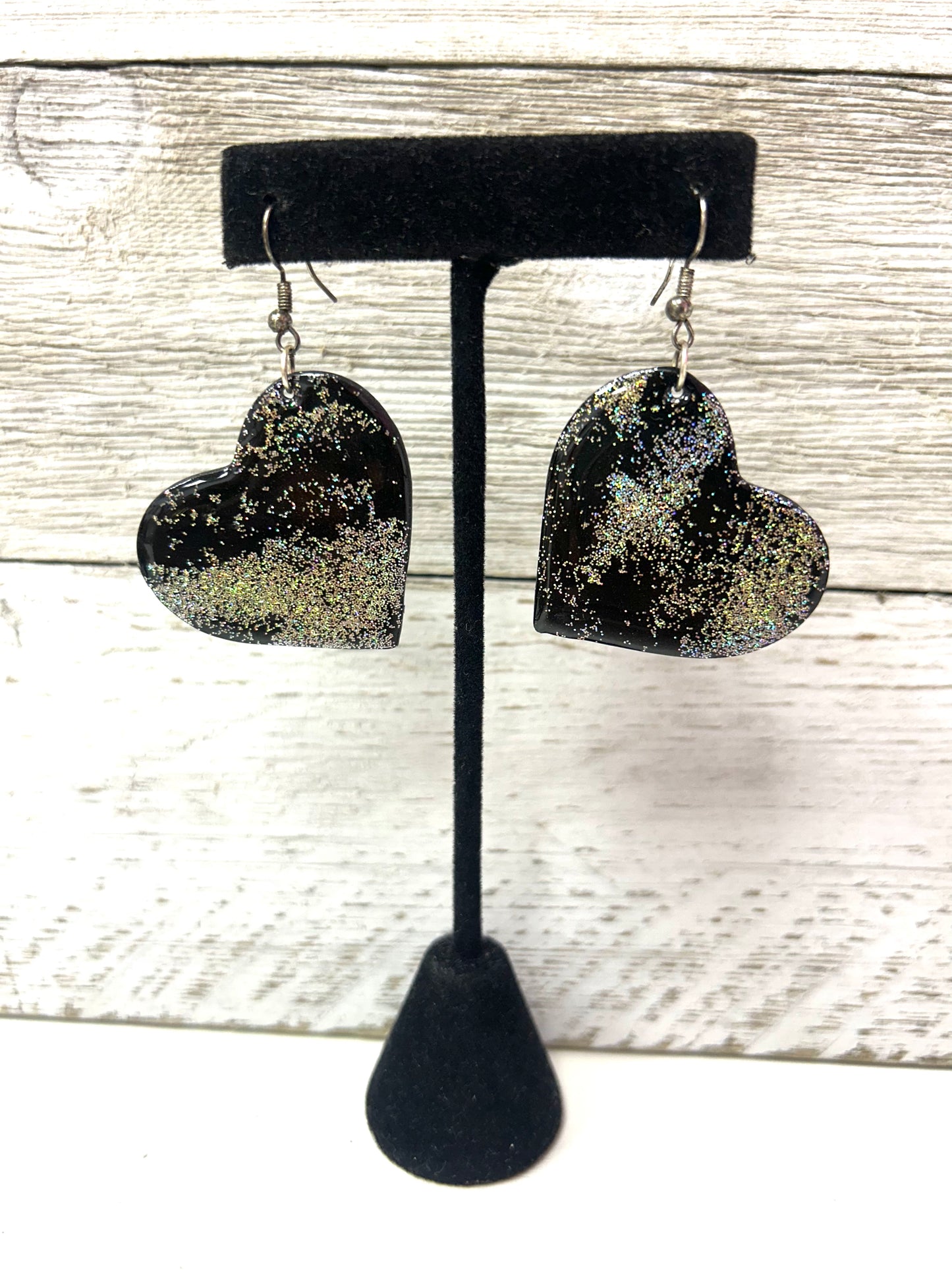 Clay Blk & Silver Glitter Heart Earrings