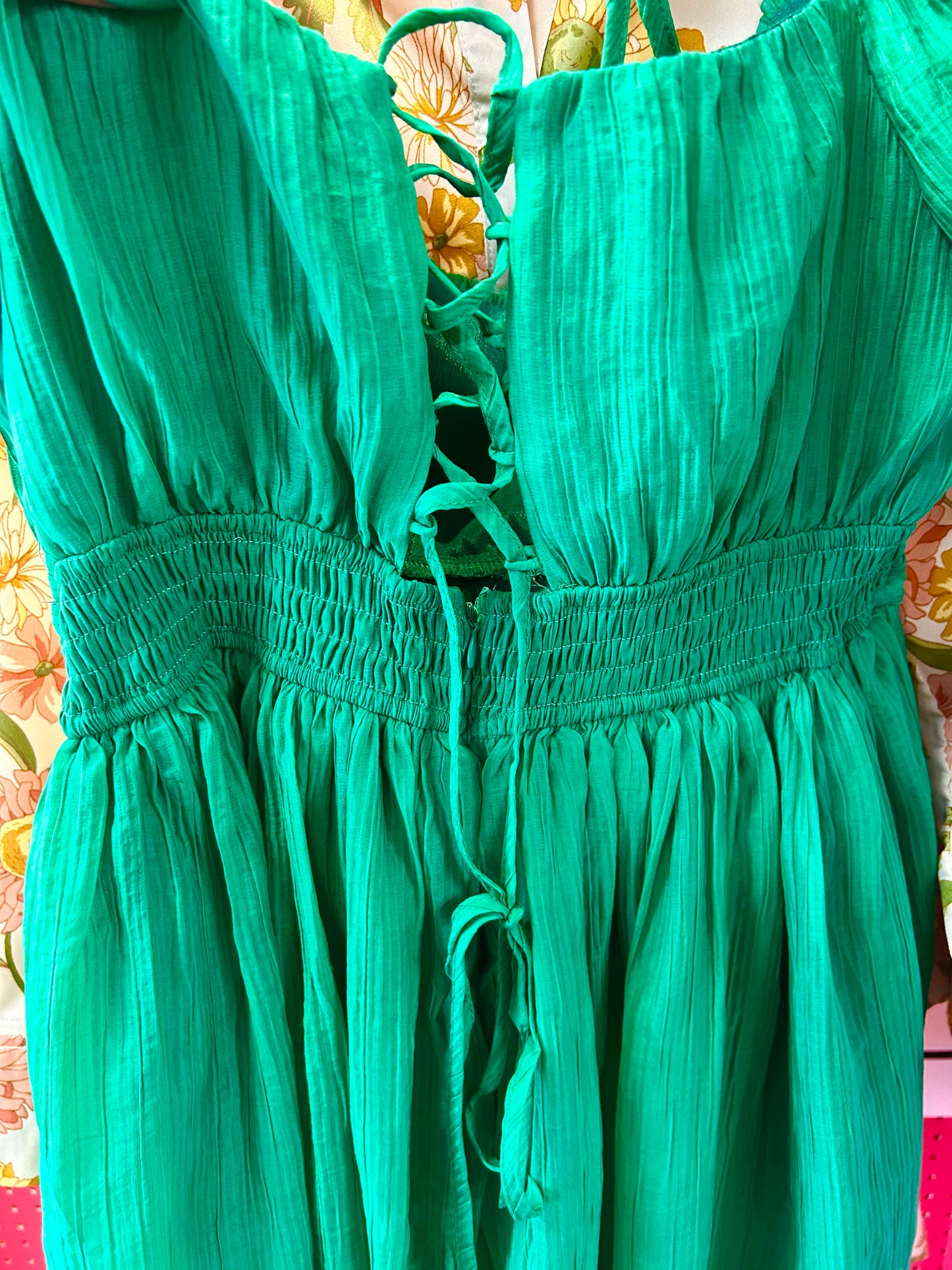 Green Teal Lace Up Back Mini Dress
