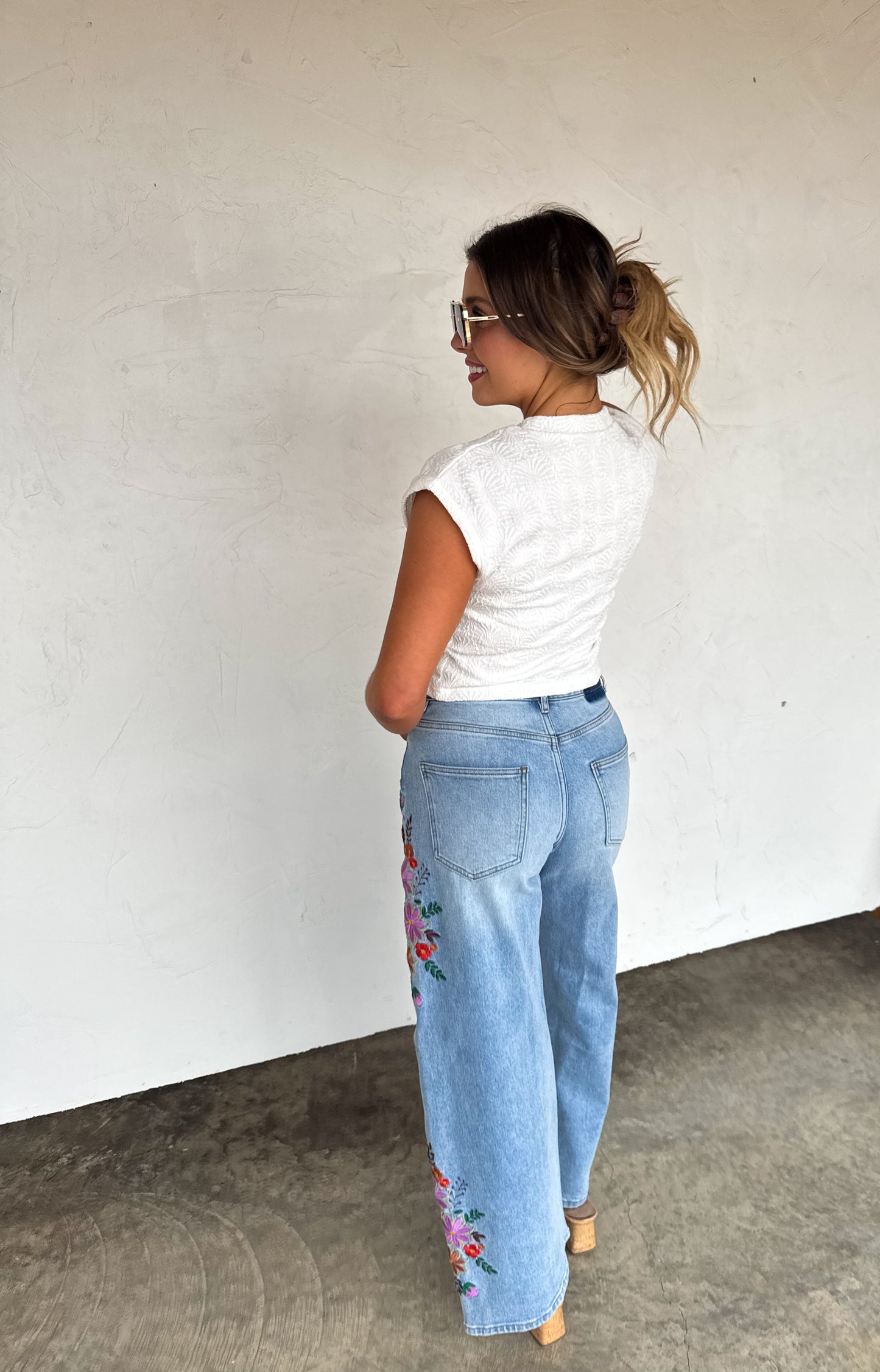Floral Embroidered Wide Leg Jeans