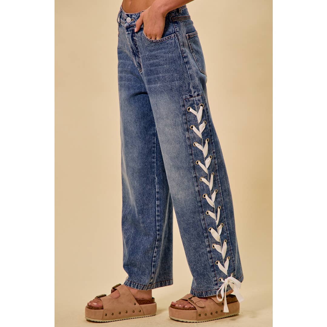 Mid-rise Straight Leg Lace Up Jeans
