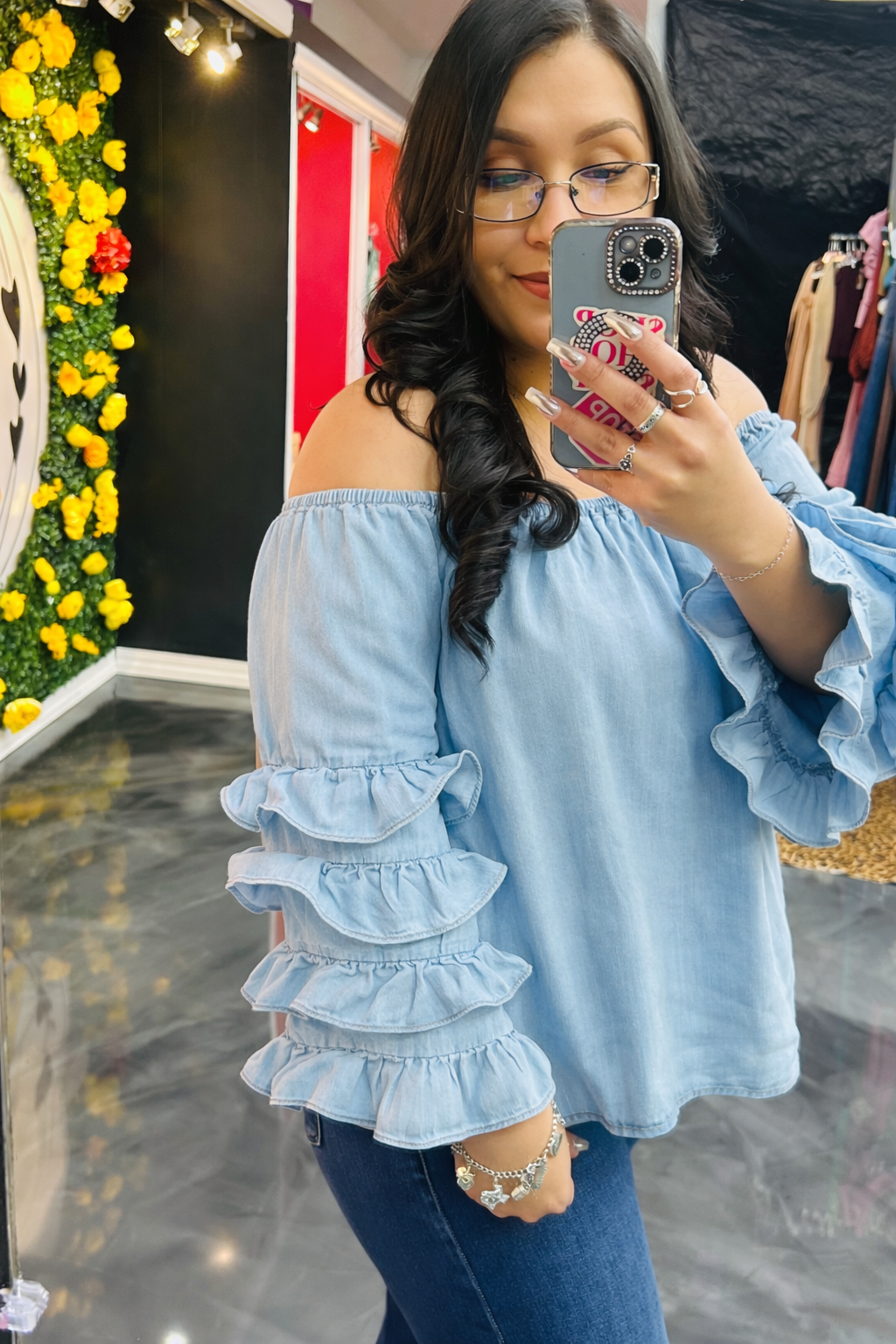 Off The Shoulder Ruffle Chambray Top