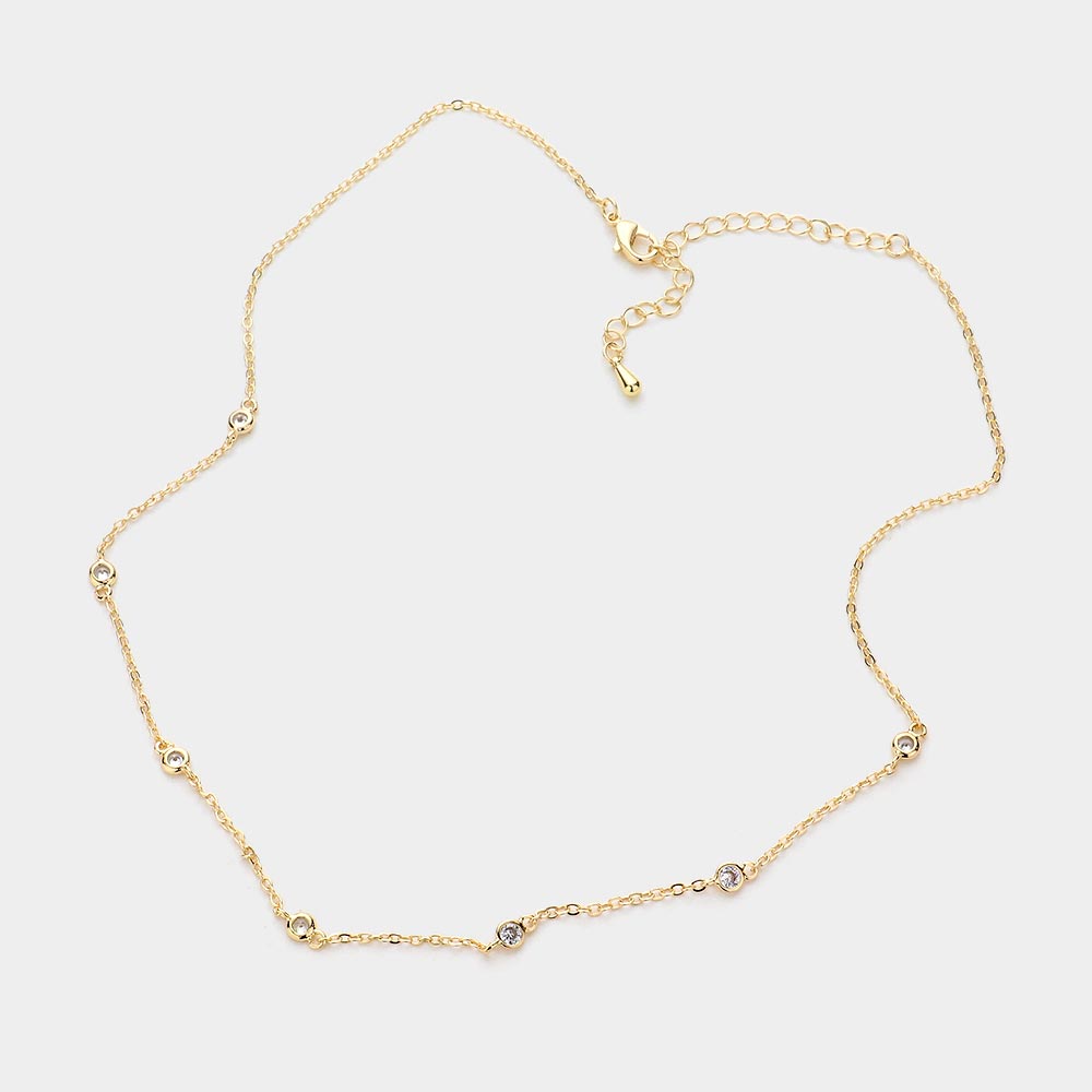 Gold Round Stone Station Necklace