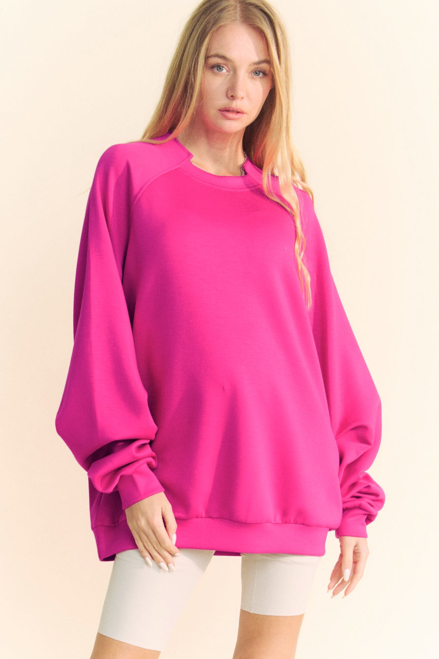 Hot Pink Round Neck Loose Fit Top