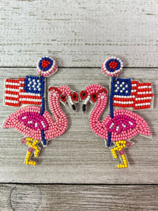 Seed Bead Earrings Patriotic Flamingo