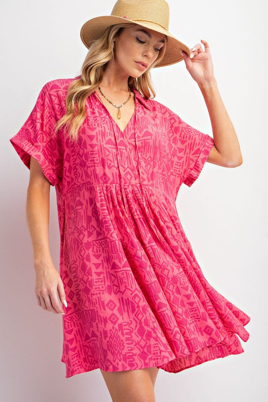 Coral Pink Ethnic Print Babydoll Dress