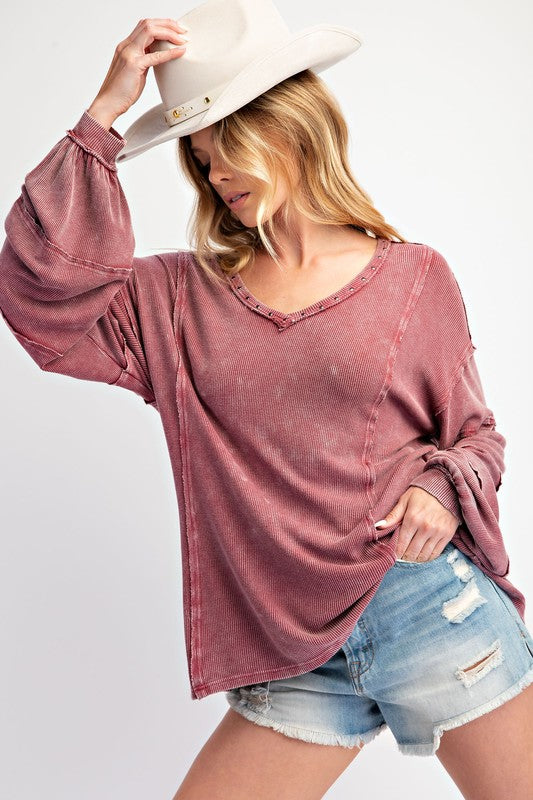 Stud V Neck Mineral Washed Thermal Tunic