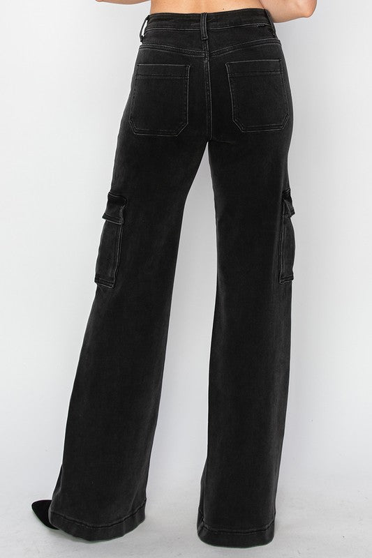 Risen High Rise Wide Leg Cargo Jeans Black