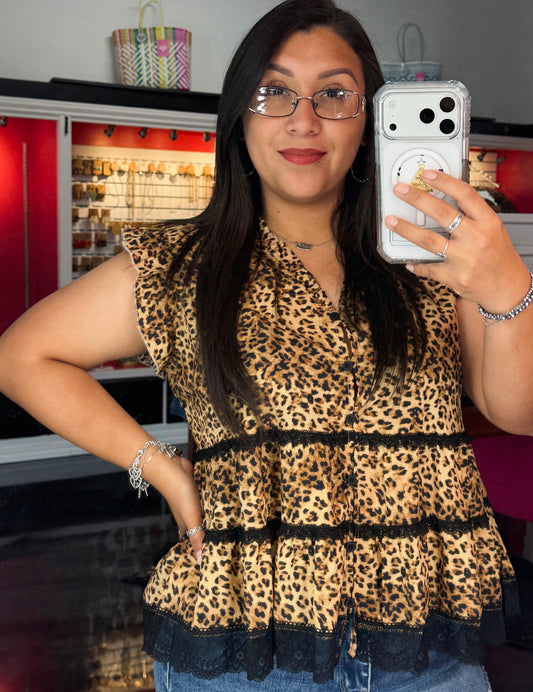Leopard Lace V-Neck Top