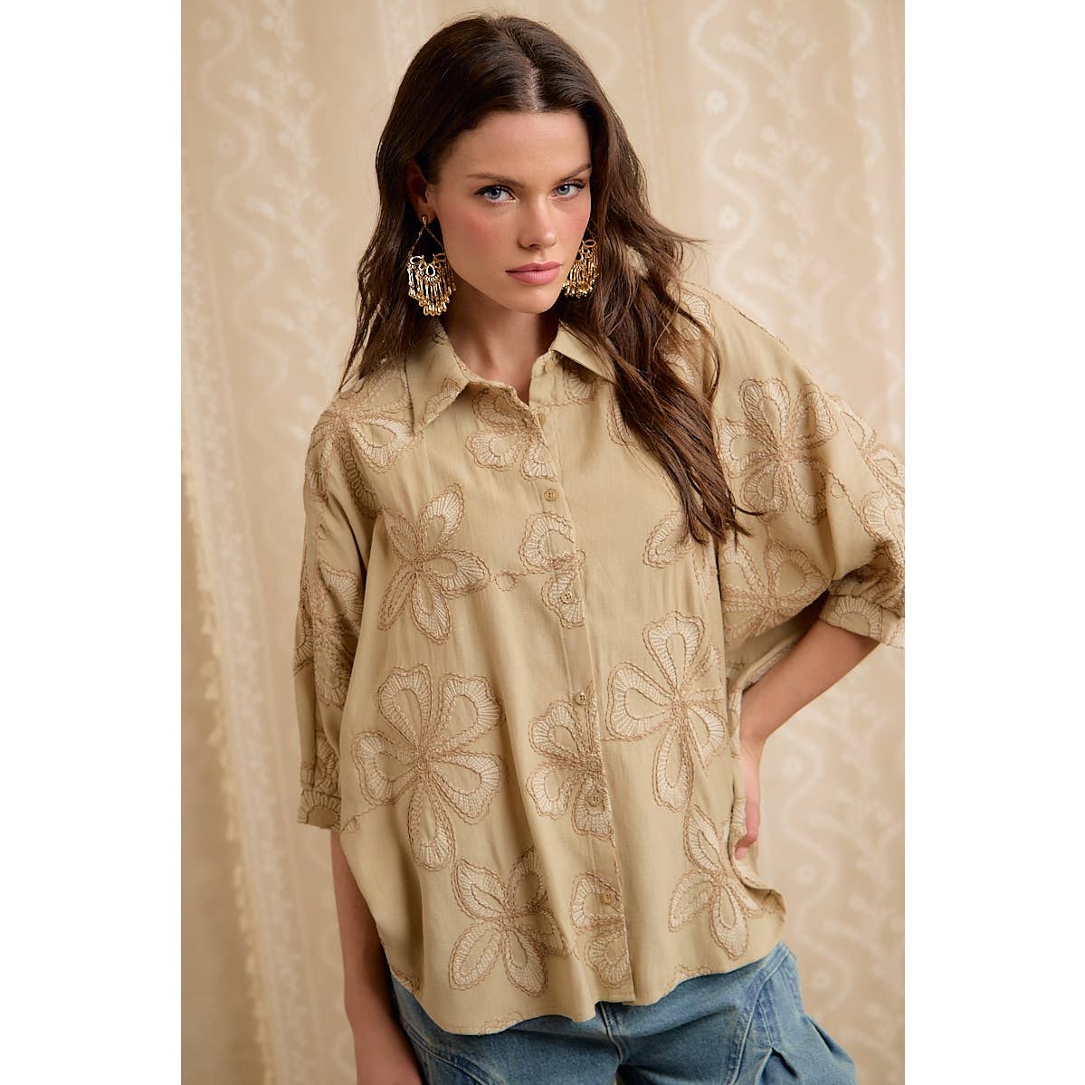 Taupe Embroidered Button-Down Blouse