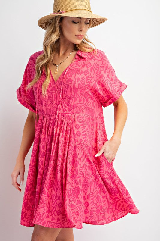 Coral Pink Ethnic Print Babydoll Dress