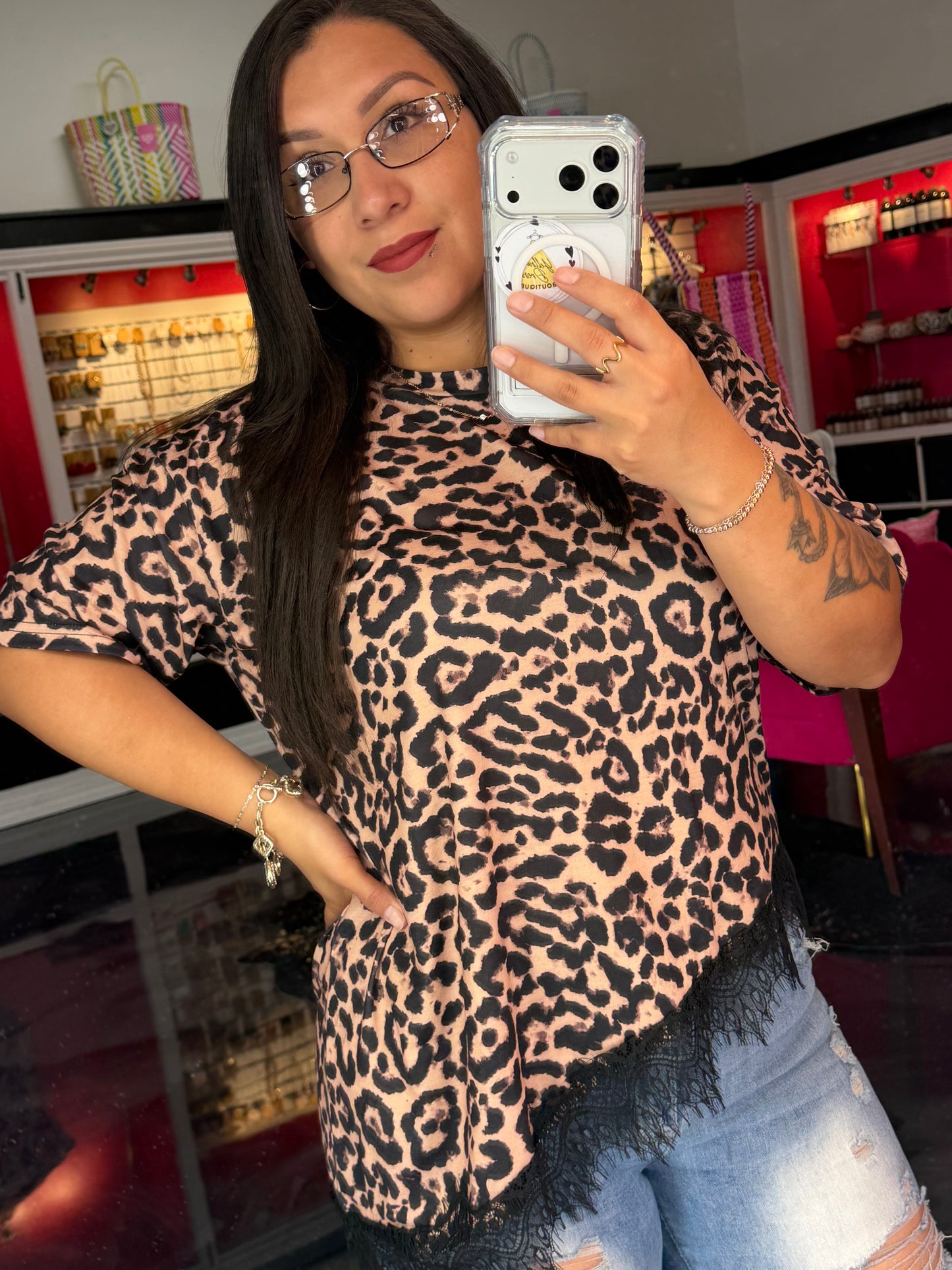 Leopard Print Spliced Lace Top