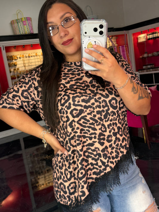 Leopard Print Spliced Lace Top