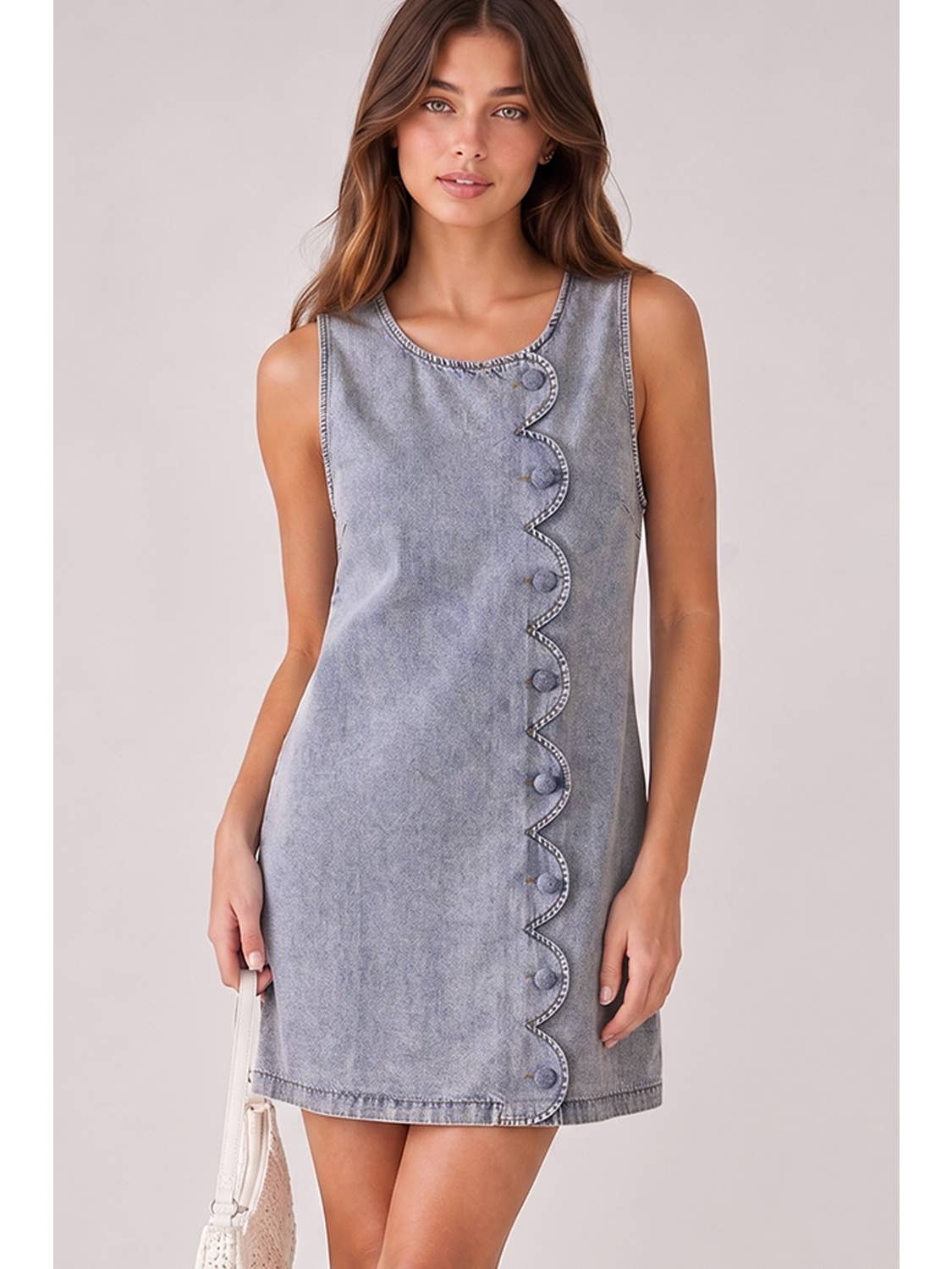 Scallop Button Washed Denim Mini Dress