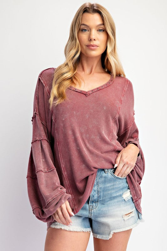 Stud V Neck Mineral Washed Thermal Tunic