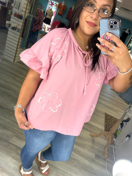 Floral washed Chambray Woven Top