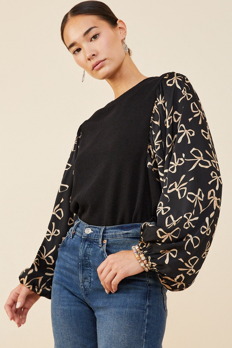 Womens Bow Contrast Puff Sleeve Top