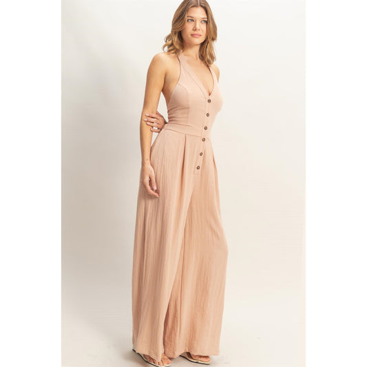 Halter Button-Front Jumpsuit
