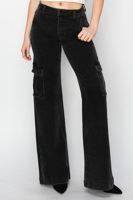 Risen High Rise Wide Leg Cargo Jeans Black