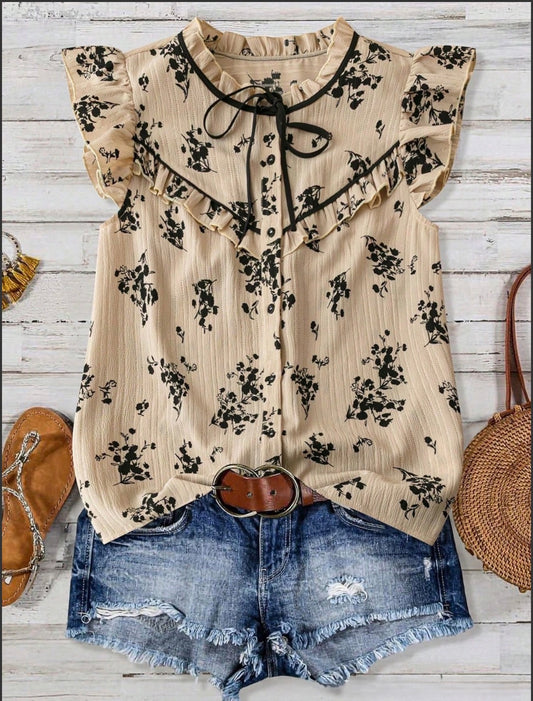 Boho Ruffle Detail Floral Tie Neck Top