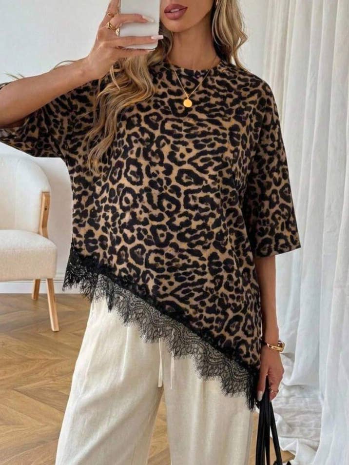 Leopard Print Spliced Lace Top