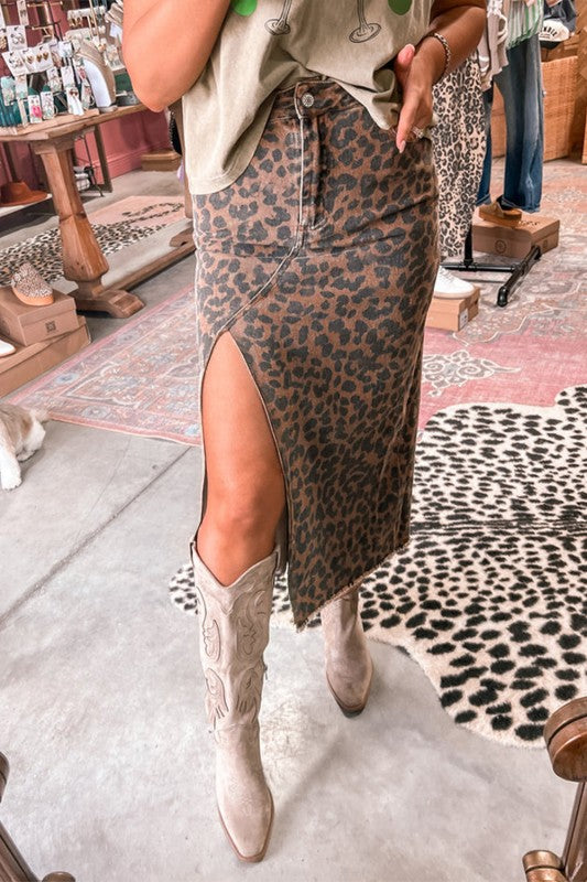 Wild Side Leopard Denim Midi Skirt