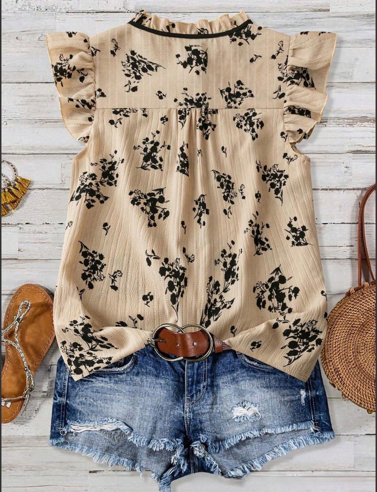 Boho Ruffle Detail Floral Tie Neck Top