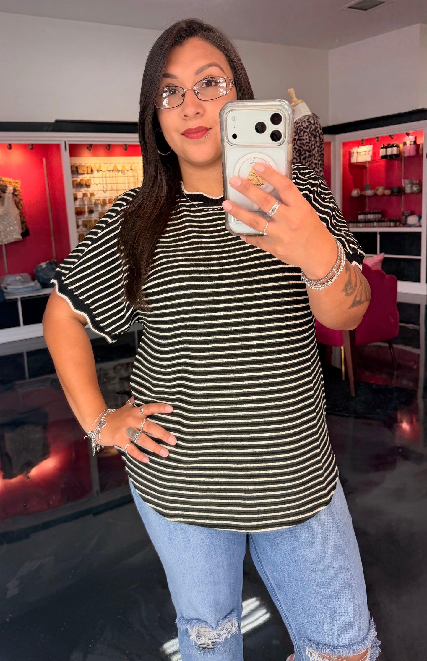Scallop Trim Stripe Knit Top